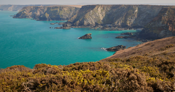 Cornwall cliffs, turquoise sea This landscape photograph captures the rugged cliffs of Cornwall along the coast of the United Kingdom during the afternoon in early spring. The turquoise sea contrasts with the natural brown and green hues of the vegetation and the dramatic rocky formations. The vantage point offers a wide view of the coastline, with Sennen Cove and its distinctive steep cliffs forming a prominent part of the scene. The image highlights the natural beauty of the Cornwall coast, showcasing the interaction between land and sea typical of this region’s nature.